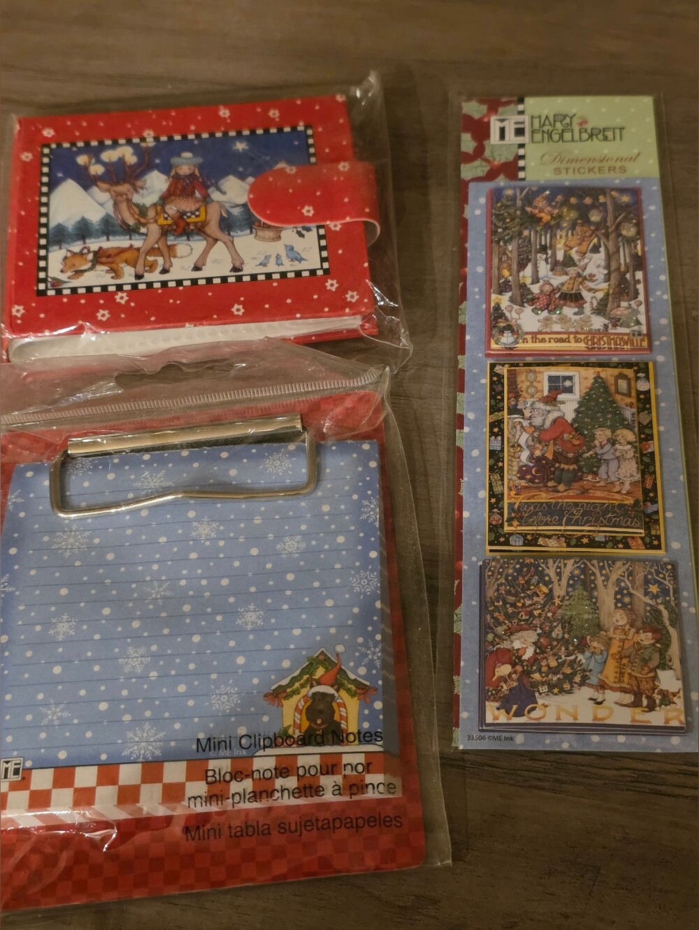 3 Piece Lot Mary Engelbreit Holiday Stickers- Mini Clipboard -Mini Photo Album